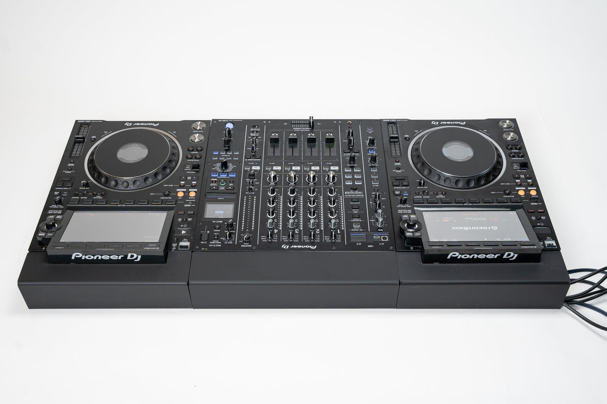 DJ setup with two Pioneer CDJ-3000 and a DJM-A9 on Zero Cable cable covers