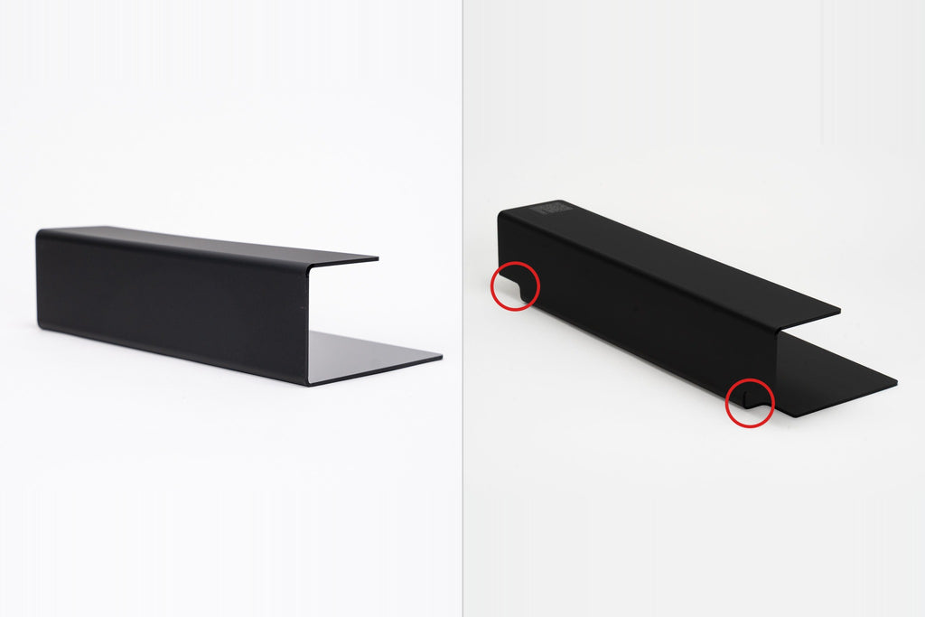 Pioneer DJM-V10 cable cover comparison: Serie V1 without cable outlets (left) vs latest model with outlets (right)